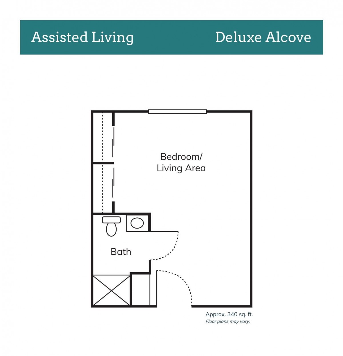 Floor plan for an Assisted Living Deluxe Alcove unit.