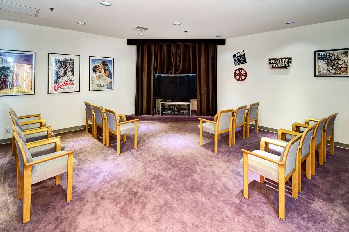 A small theater room with rows of chairs facing a television, decorated with movie posters and curtains.
