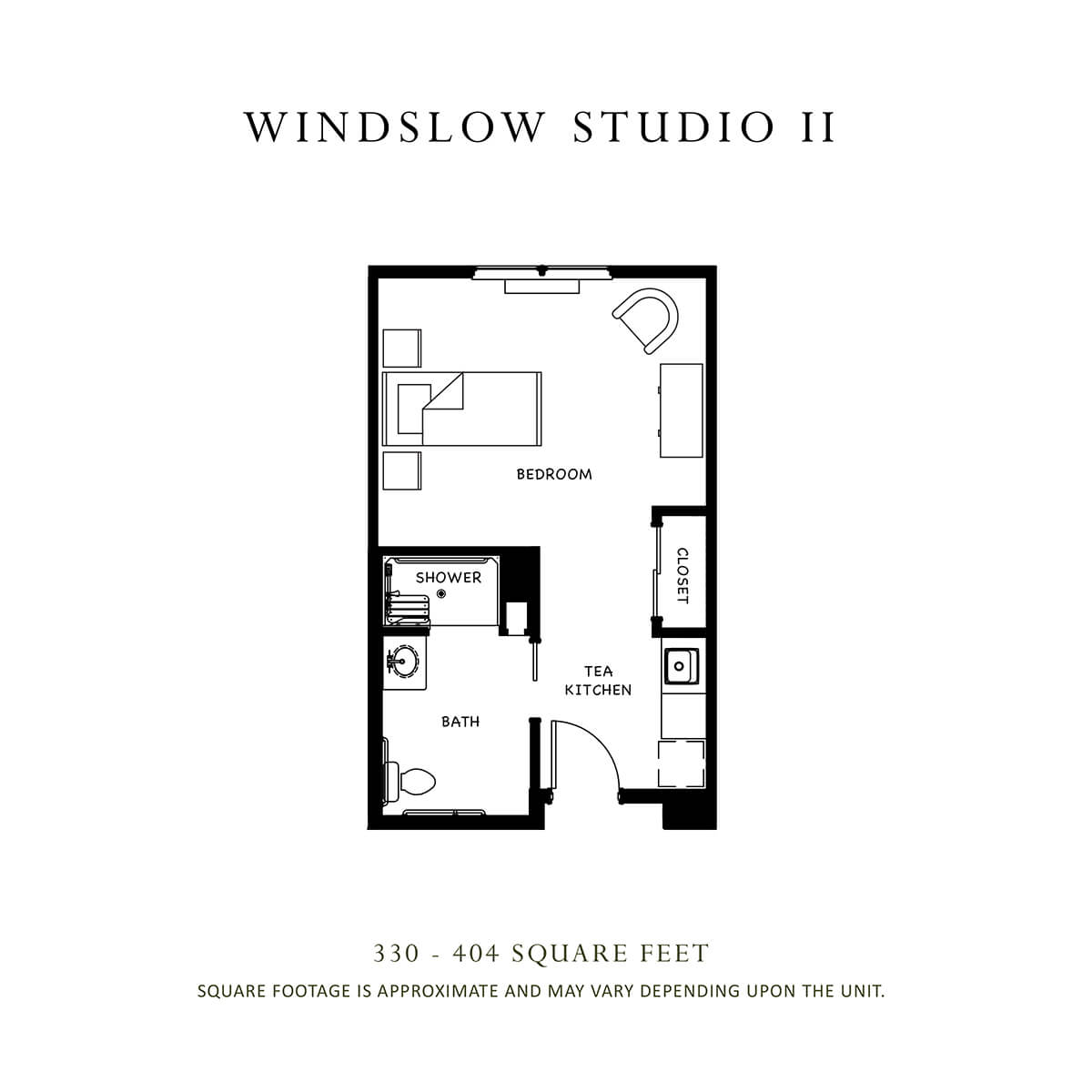 Floor plan for Winslow Studio II, a 300-square-foot studio apartment.