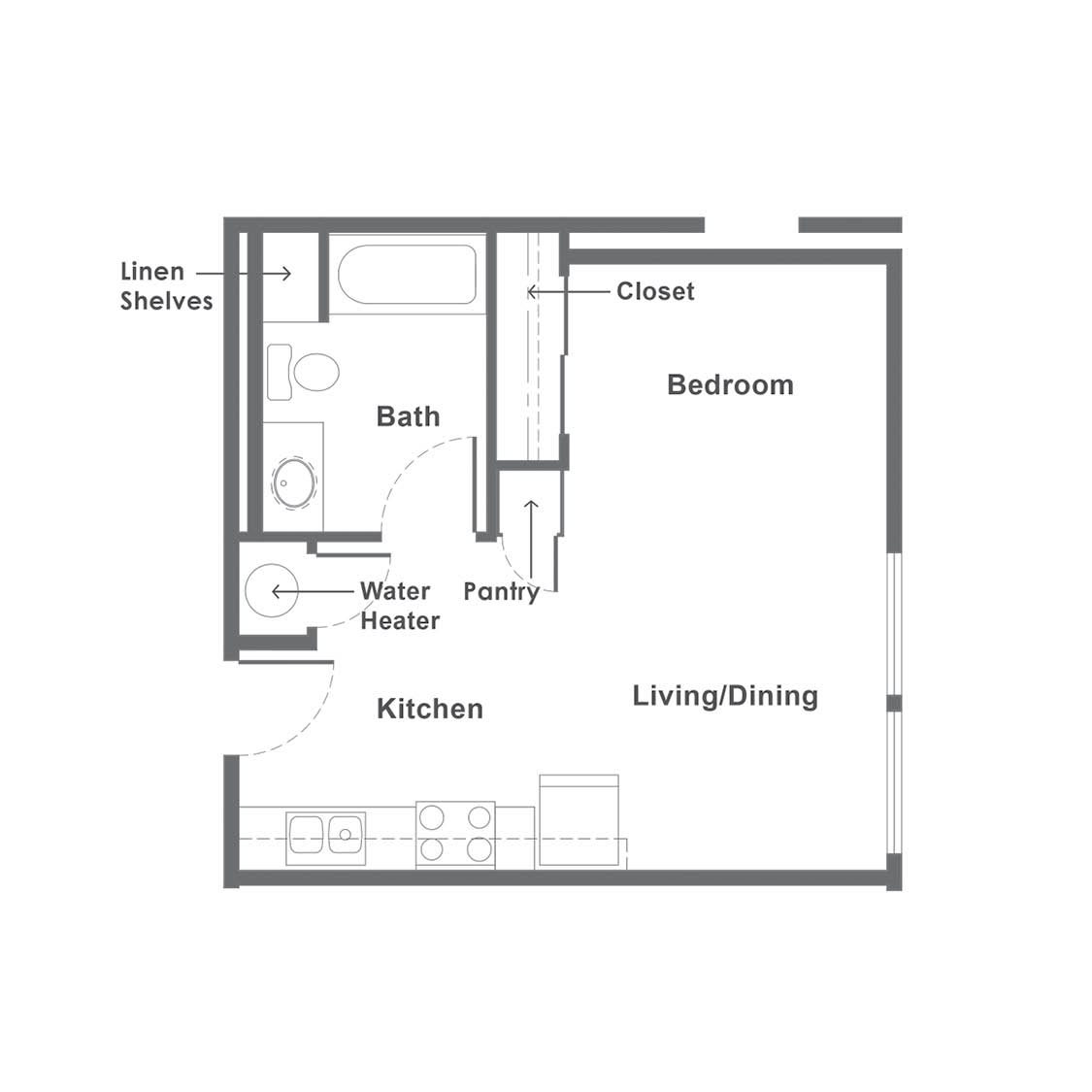Floor plan of a one-bedroom apartment with labeled living/dining area, kitchen, bathroom, and closet.