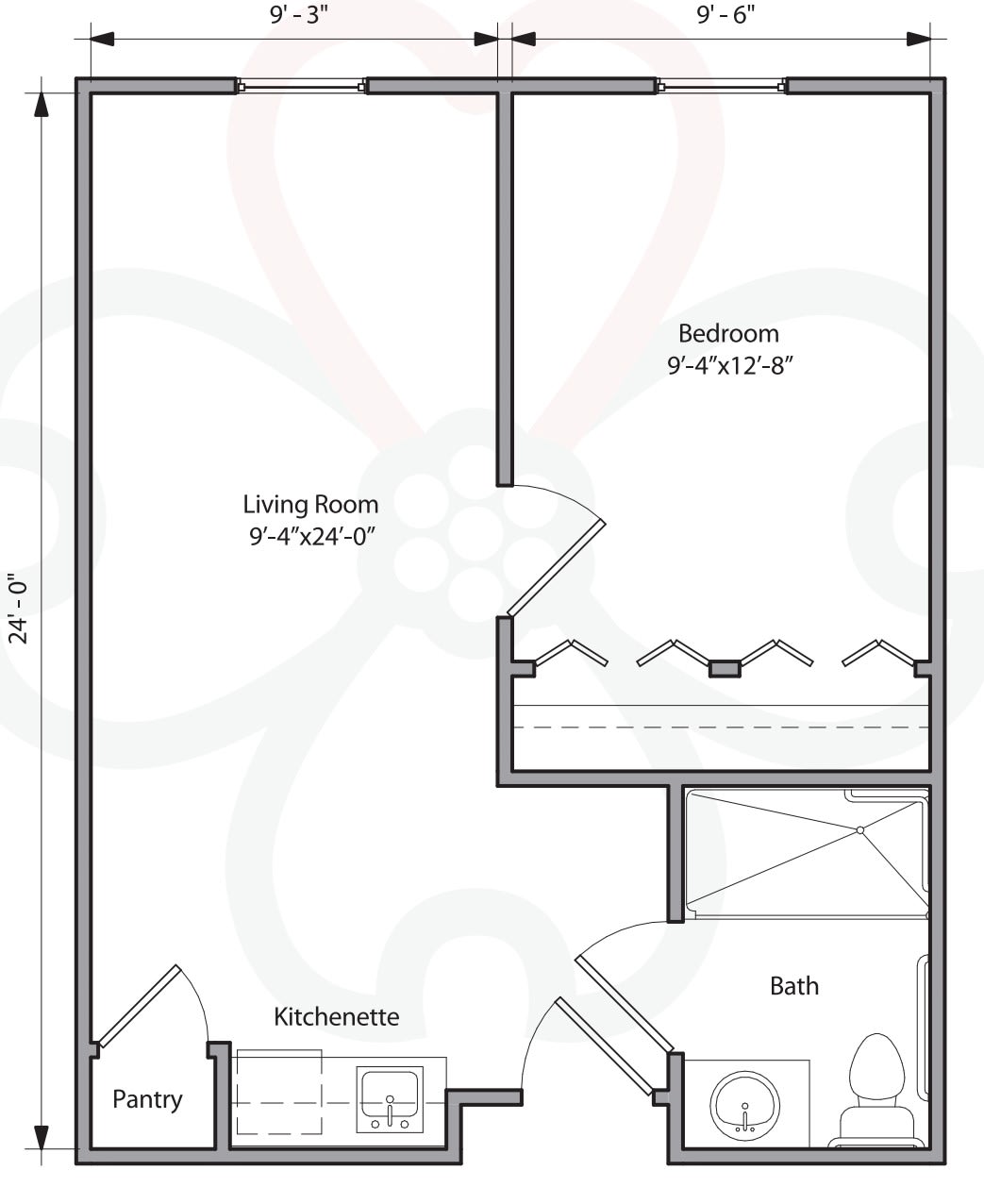 A floor plan of a one-bedroom apartment layout.