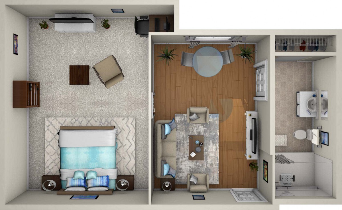 A detailed floor plan of an apartment showcasing the bedroom and living room areas.