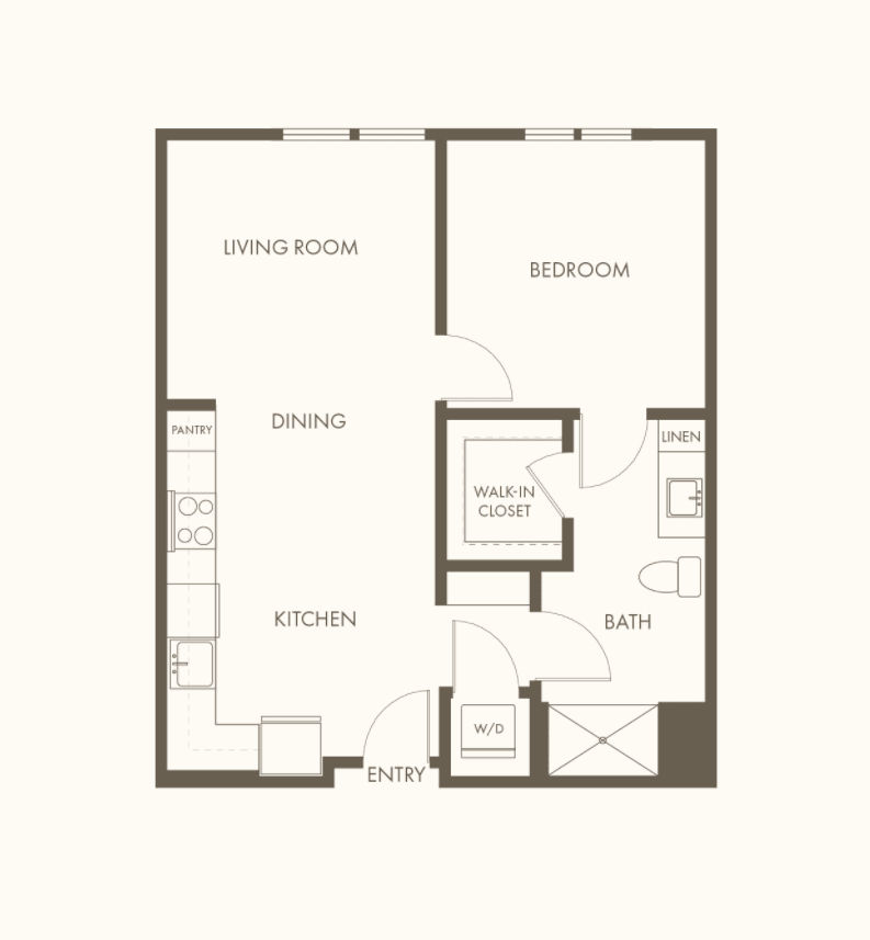 A floor plan of a one-bedroom apartment including a kitchen, living room, and bathroom.