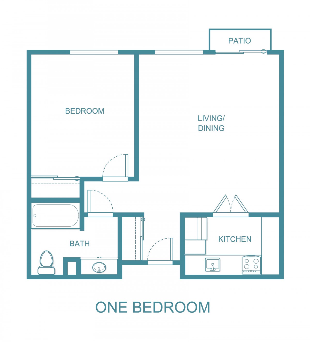 One bedroom apartment floor plan with a living/dining area, kitchen, bathroom, and patio.