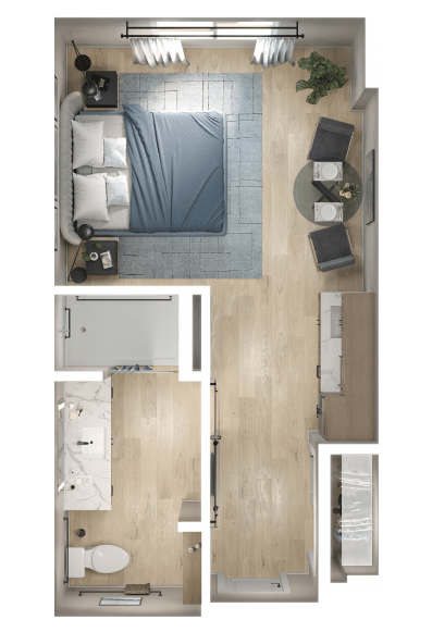 A top-down view of a compact apartment layout featuring a bedroom, kitchen, and living area.