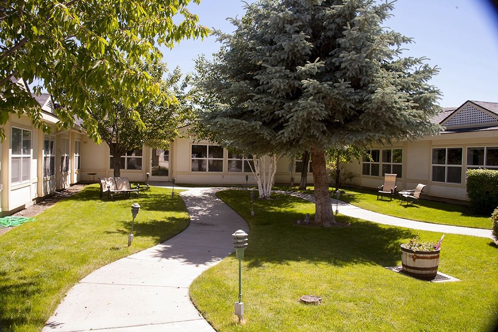 A serene garden with a winding pathway and lush greenery in front of a building.