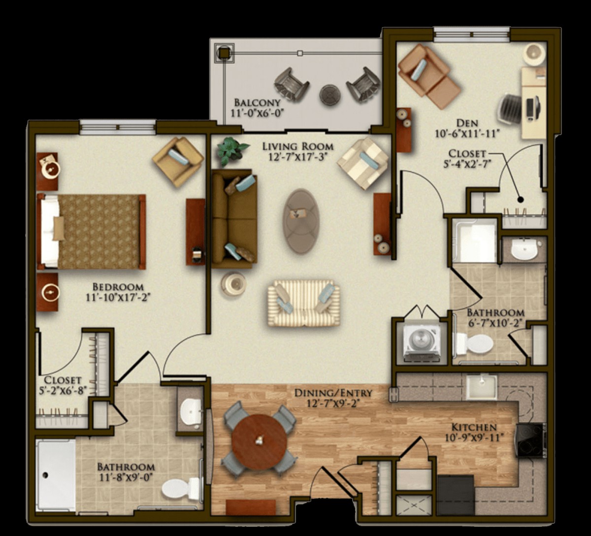 A detailed floor plan of a two-bedroom apartment, featuring a living room, kitchen, and bathroom.
