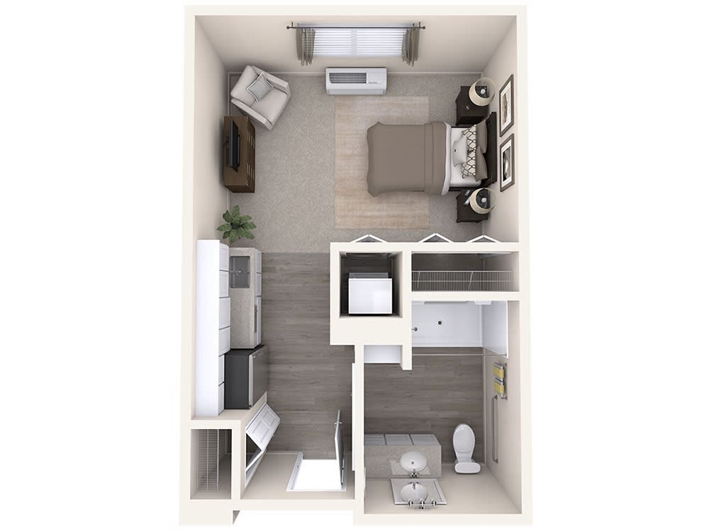 A top-down view of a studio apartment floor plan showcasing the layout and furniture arrangement.