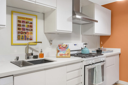 A sleek and modern kitchen featuring white cabinetry, stainless steel appliances, and colorful accents.