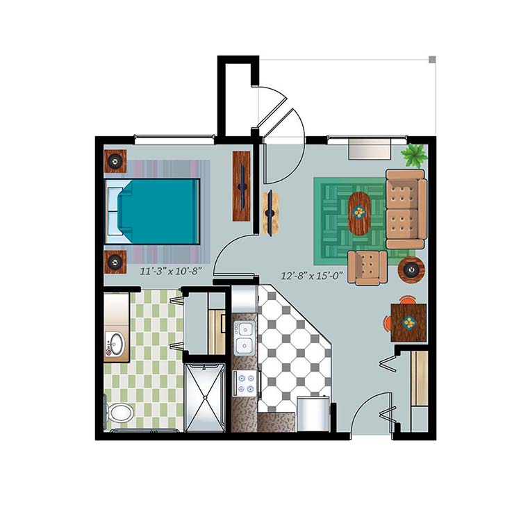 A detailed floor plan of a one-bedroom apartment with designated areas for a kitchen, living room, bedroom, and bathroom.
