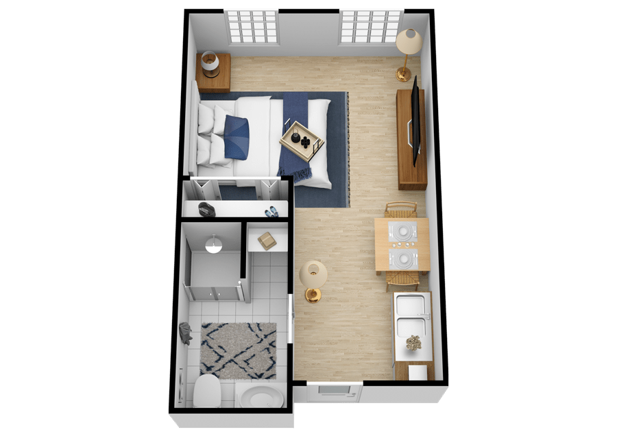 A 3D floor plan of a small 1-bedroom apartment featuring a compact living area, kitchen, and bathroom.