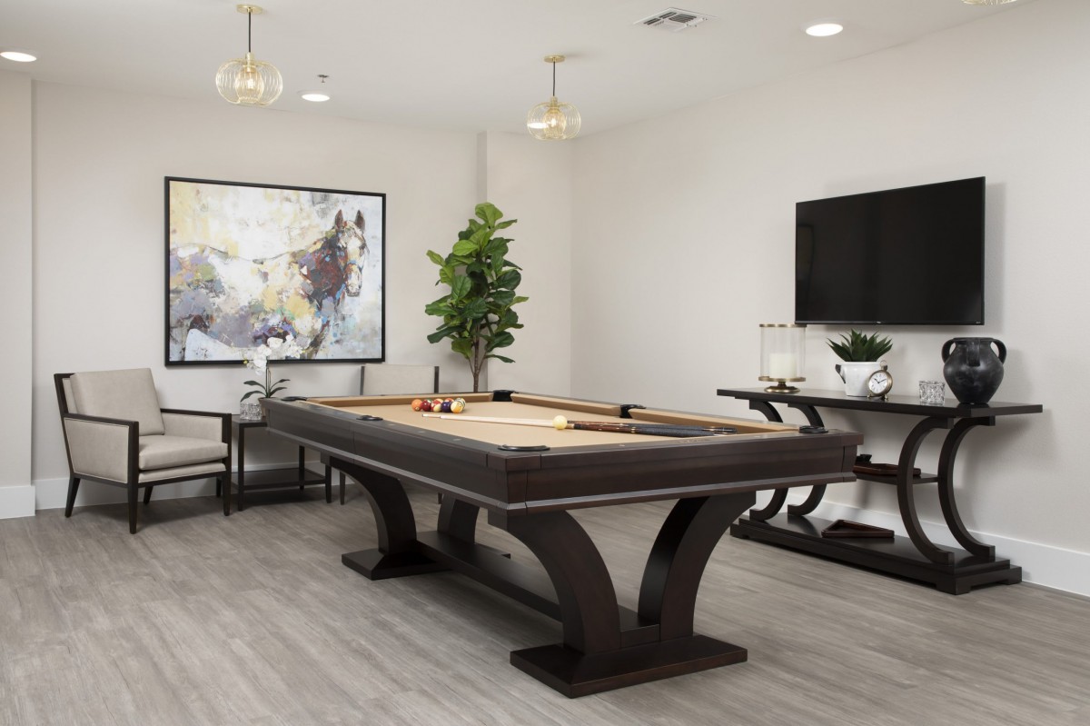 A modern game room featuring a stylish pool table, contemporary artwork, and a wall-mounted television.