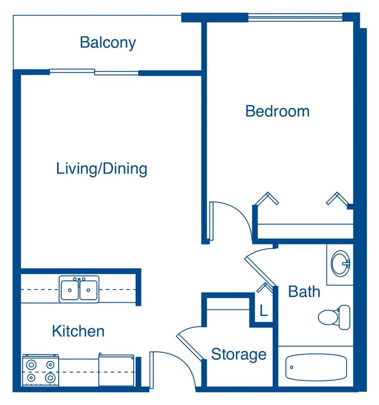 A floor plan of a one-bedroom apartment featuring a balcony, kitchen, living/dining area, bathroom, and storage space.