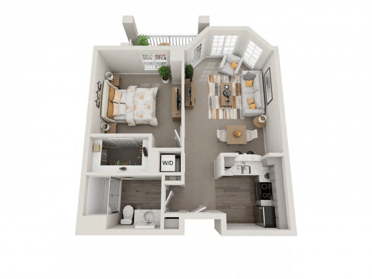 A 3D floor plan of a one-bedroom apartment featuring a living room, kitchen, bathroom, and balcony.