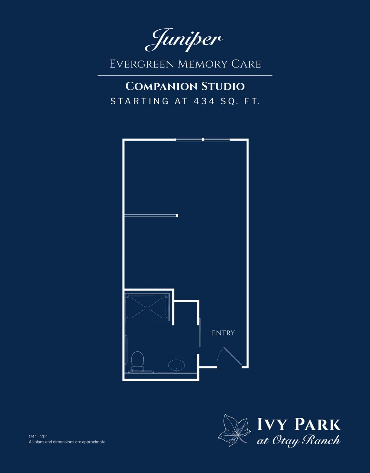 Floor plan of a Companion Studio for memory care, starting at 454 sq ft.