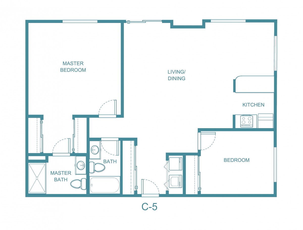 A floor plan of an apartment showing the arrangement of rooms including a master bedroom, bathroom, kitchen, and living area.