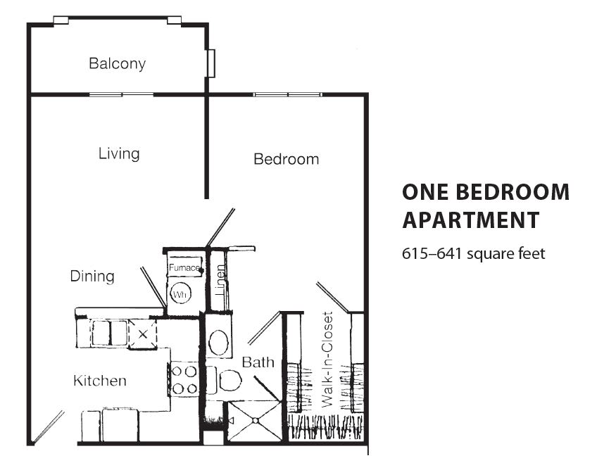 A floor plan of a one-bedroom apartment featuring living and dining areas, a kitchen, and a balcony.