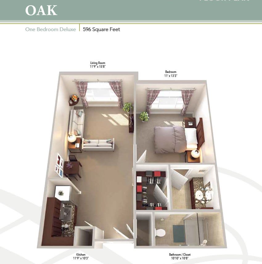 3D floor plan of a one-bedroom apartment, featuring a bedroom, bathroom, kitchen, and living area.
