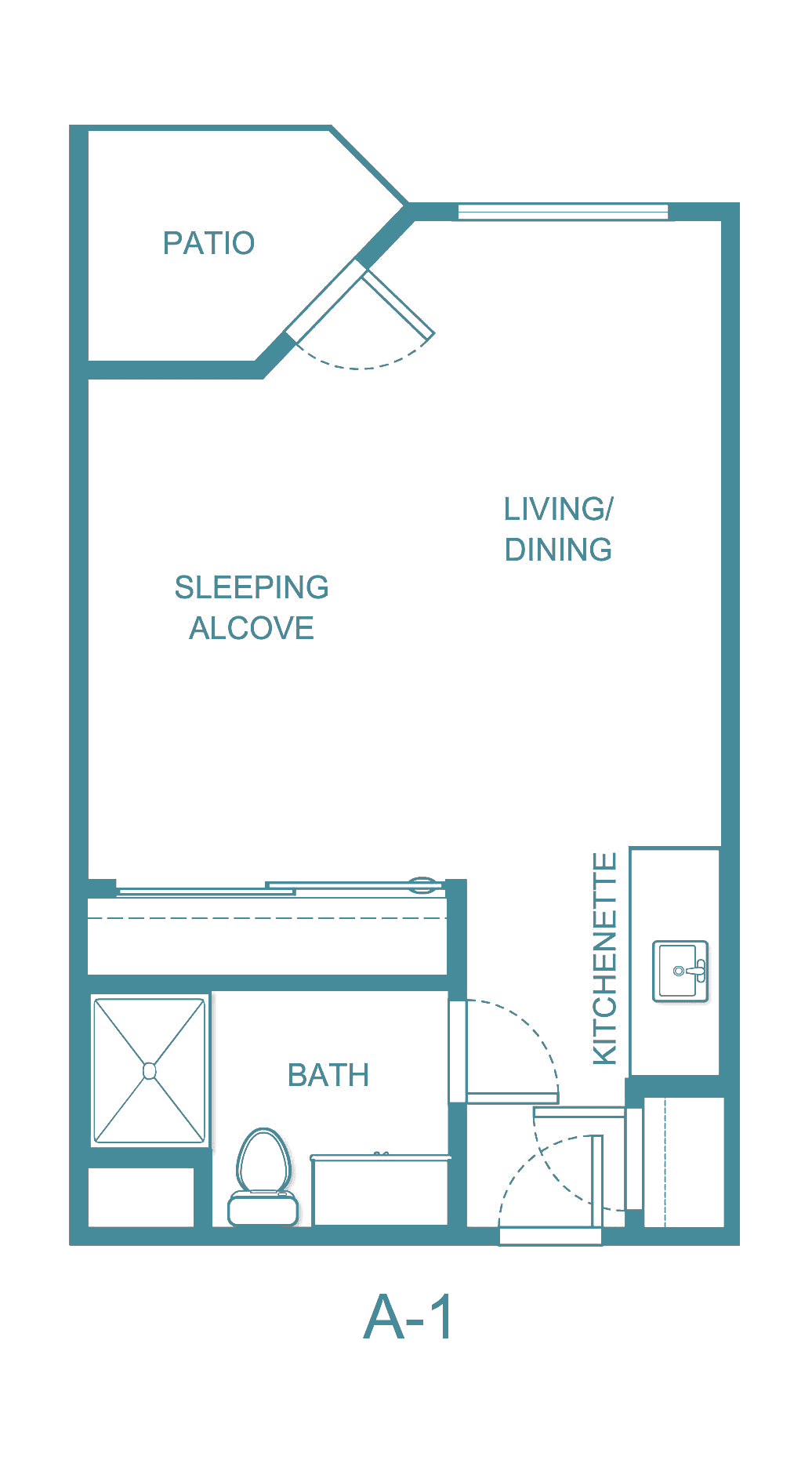 Studio apartment floor plan with a sleeping alcove, living/dining area, kitchenette, and bathroom.