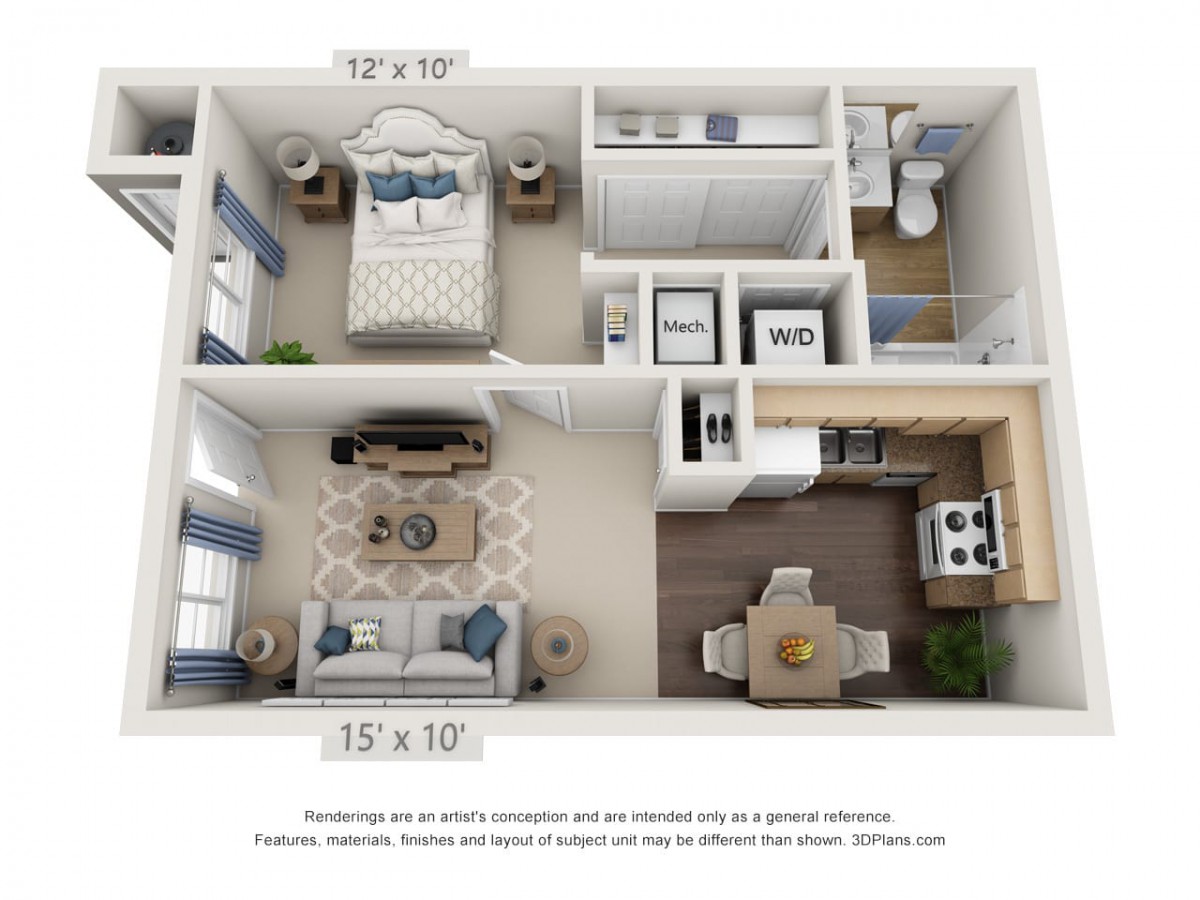 A detailed 3D floor plan of a one-bedroom apartment, showcasing the living room, kitchen, and bathroom.