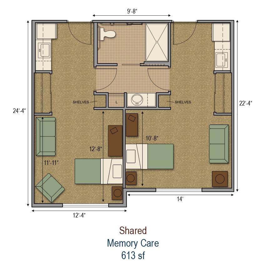 A floor plan of a shared memory care unit measuring 613 square feet.
