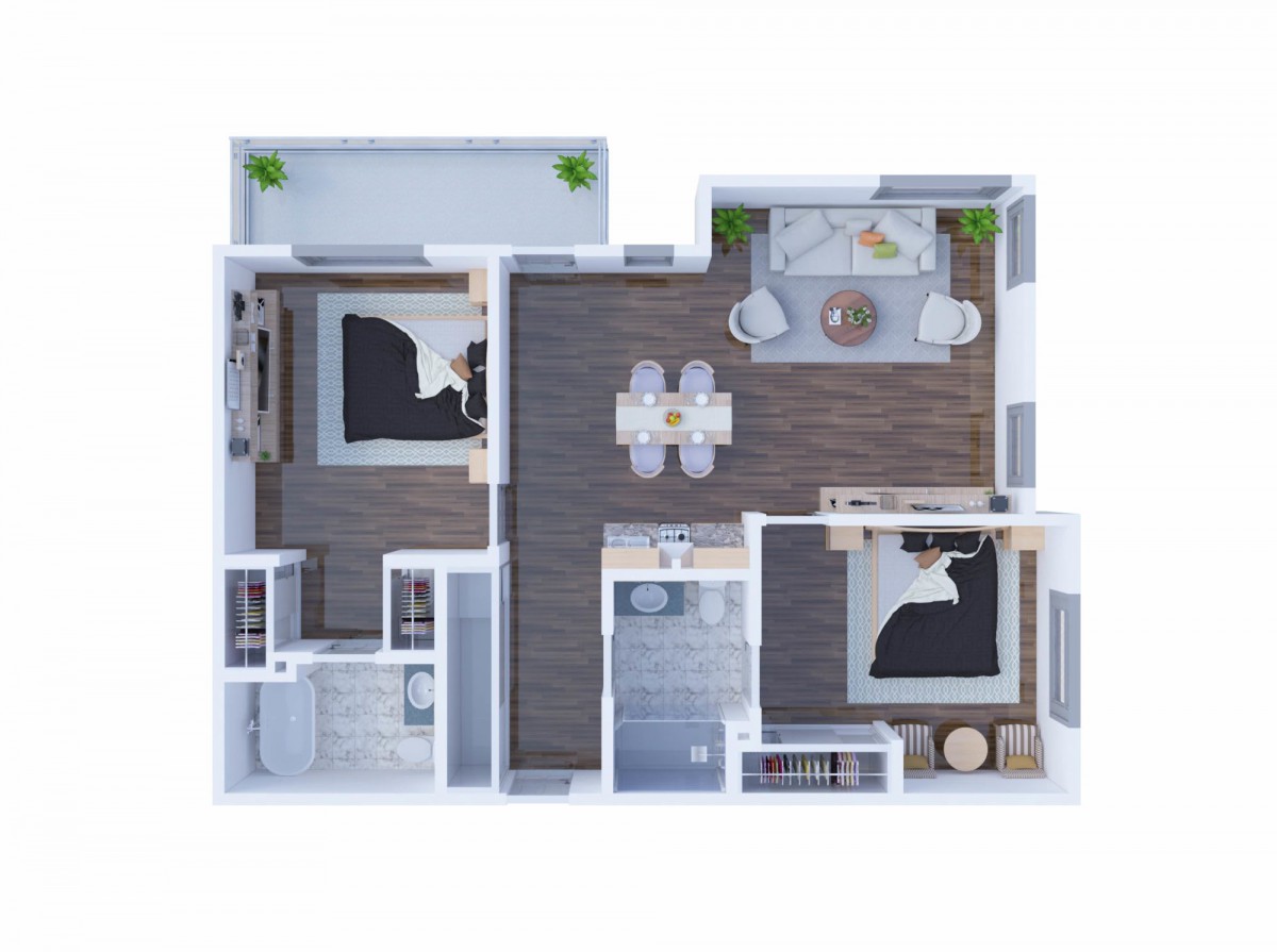 A modern floor plan of a two-bedroom apartment featuring an open living and dining area, a kitchen, and two bedrooms.