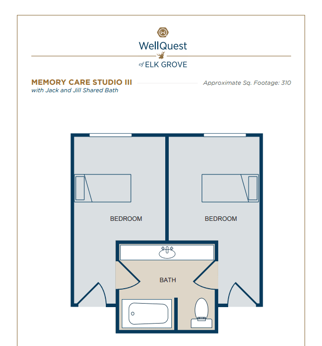 Floor plan of a resort studio suite with two bedrooms and a shared bathroom.