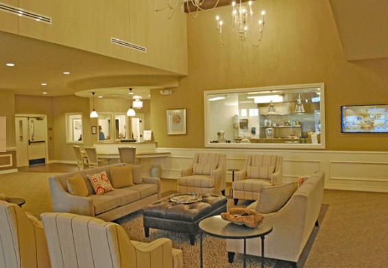 A cozy living room with sofas and a coffee table, illuminated by a chandelier.