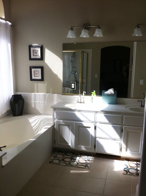 A well-lit bathroom interior featuring a sink, bathtub, mirror, and decorative elements.