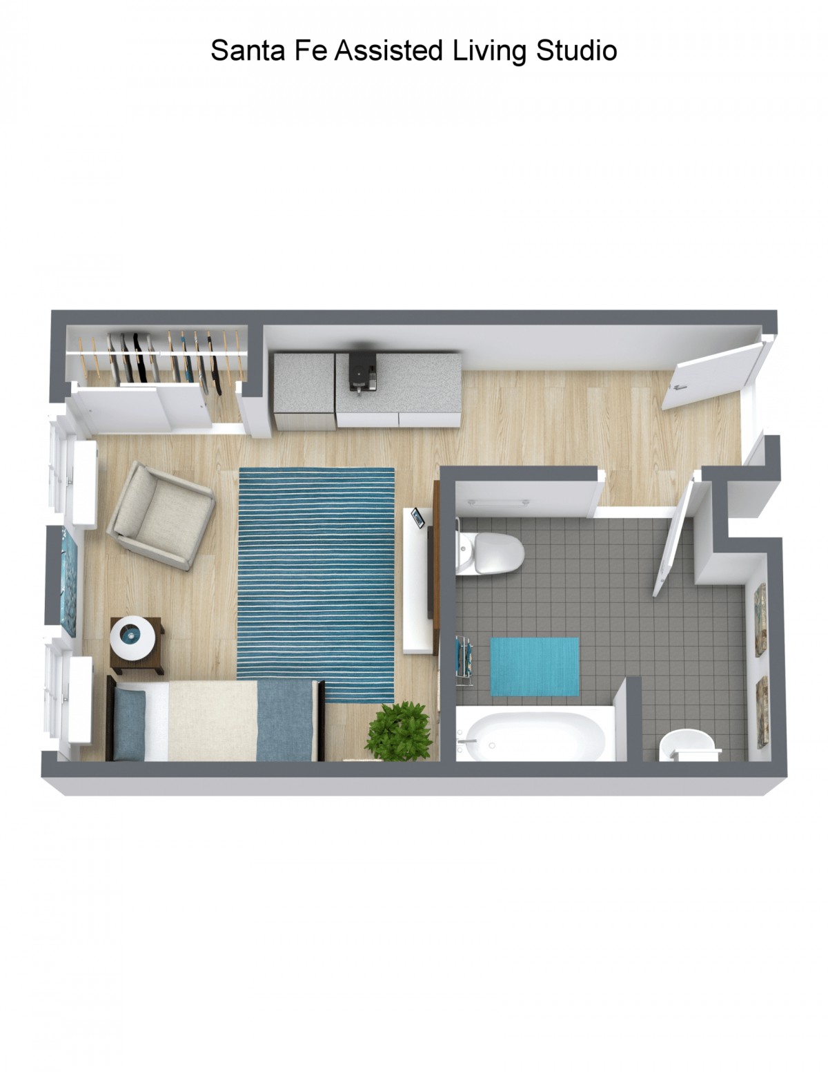 A studio apartment floor plan showcasing an efficient layout with a bedroom, living area, and bathroom.