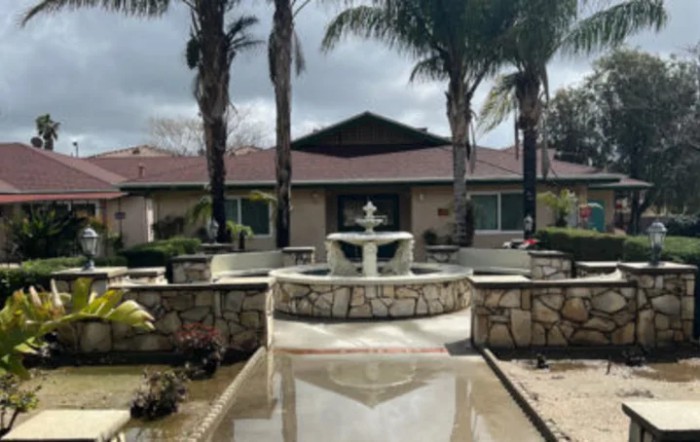 A serene courtyard featuring a central fountain, surrounded by palm trees and a building in the background.