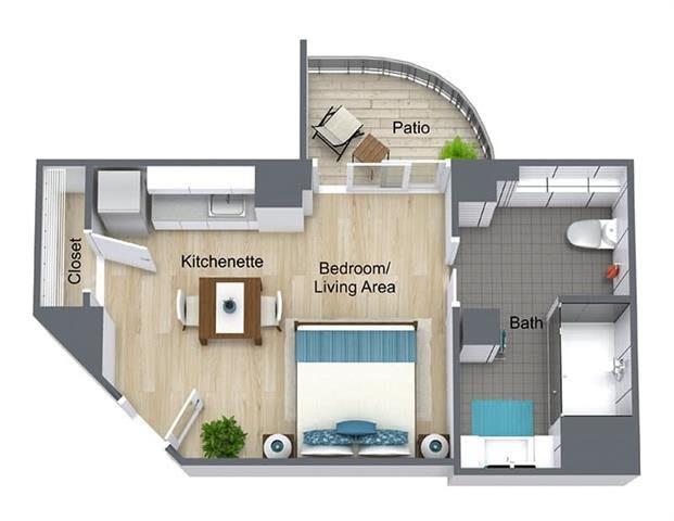 Studio apartment floor plan with kitchenette, living area, bedroom, bathroom, and balcony.
