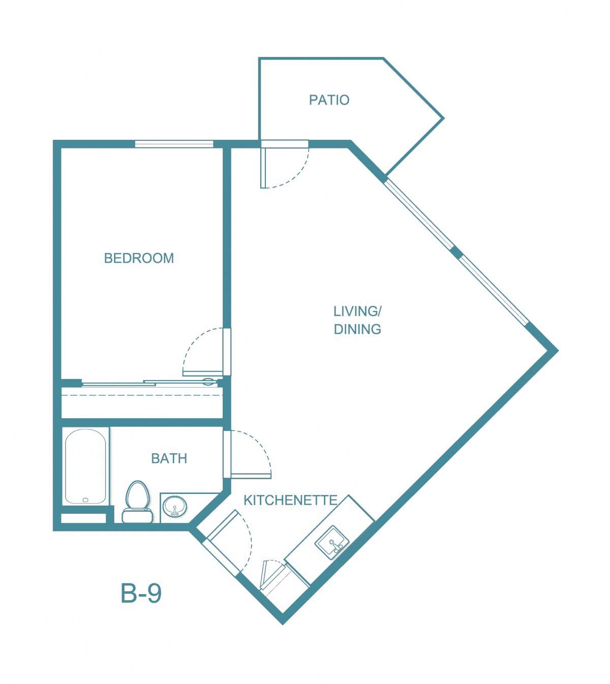 A floor plan of a one-bedroom apartment with a living/dining area, kitchenette, bathroom, and a patio.
