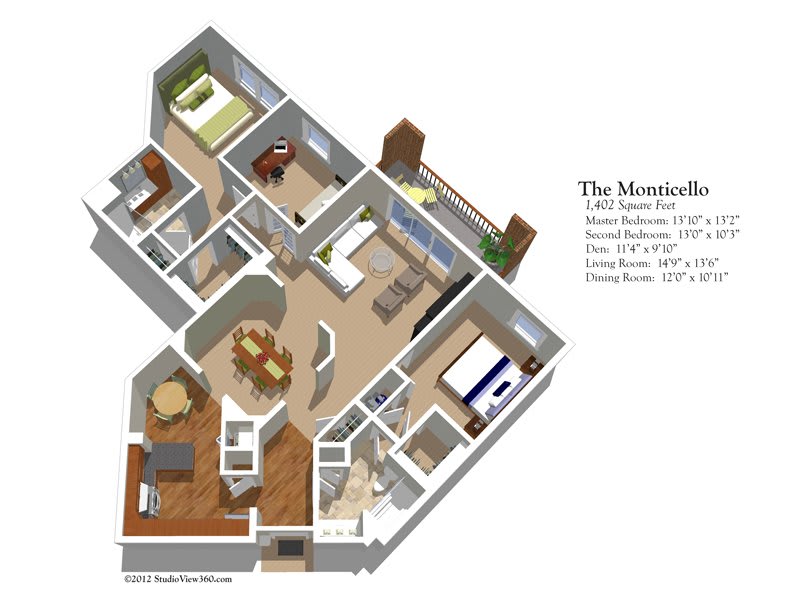 3D floor plan of a multi-room apartment layout showcasing interior spaces.