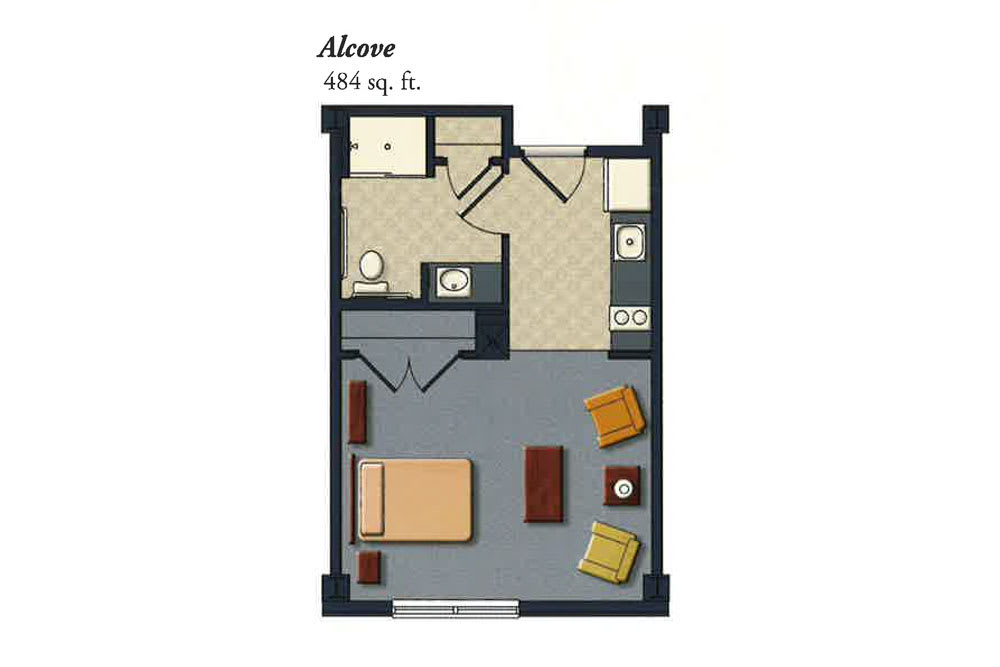 Floor plan of a 484 sq. ft. studio apartment with a combined living and sleeping area, kitchen, and bathroom.