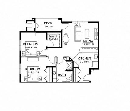 A floor plan of a two-bedroom apartment with a living room, kitchen, bathroom, and deck.
