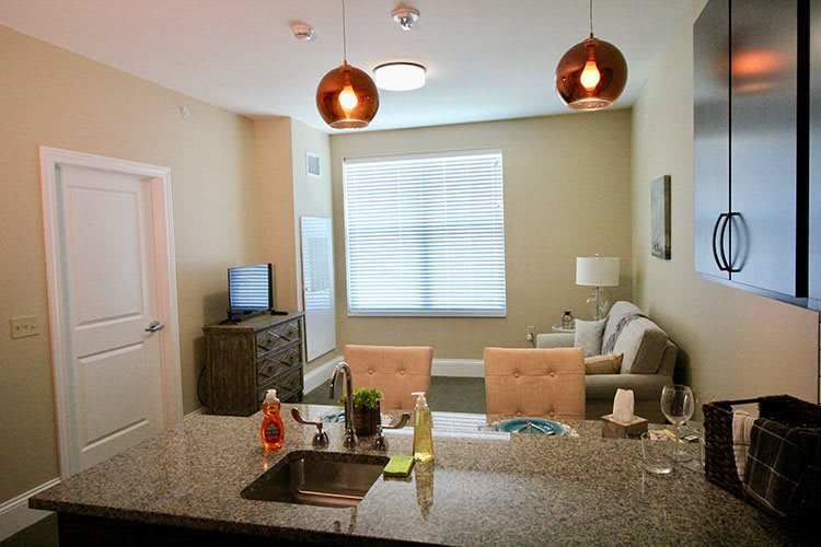 A modern apartment interior showcasing a kitchen area with an island and a cozy living room.
