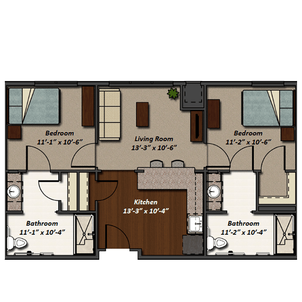A floor plan of a three-bedroom, two-bathroom apartment with a central living room and kitchen.