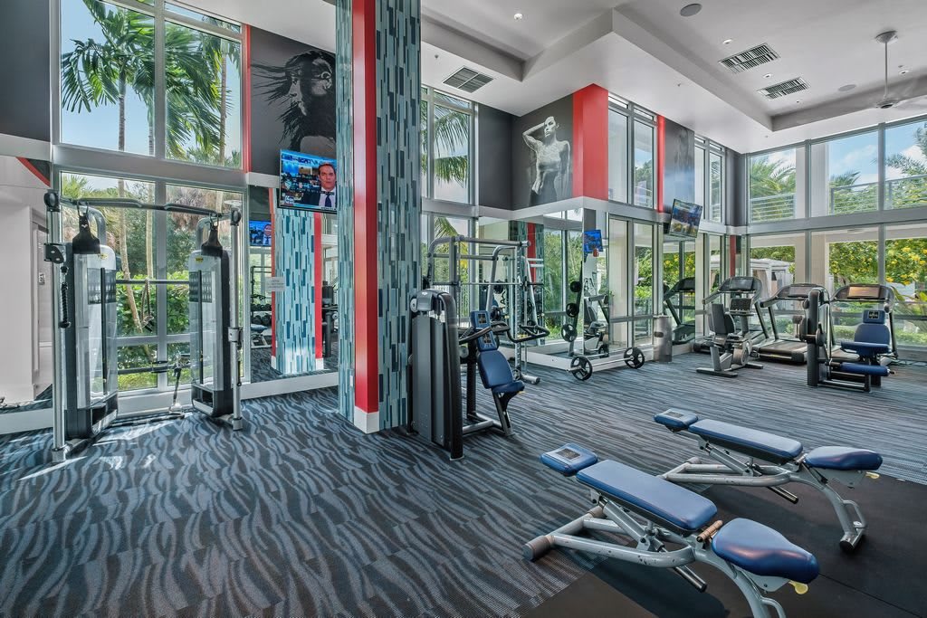 A modern gym with various exercise equipment and ample natural light.