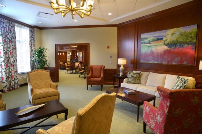 A cozy hotel lobby with comfortable seating and elegant decor.