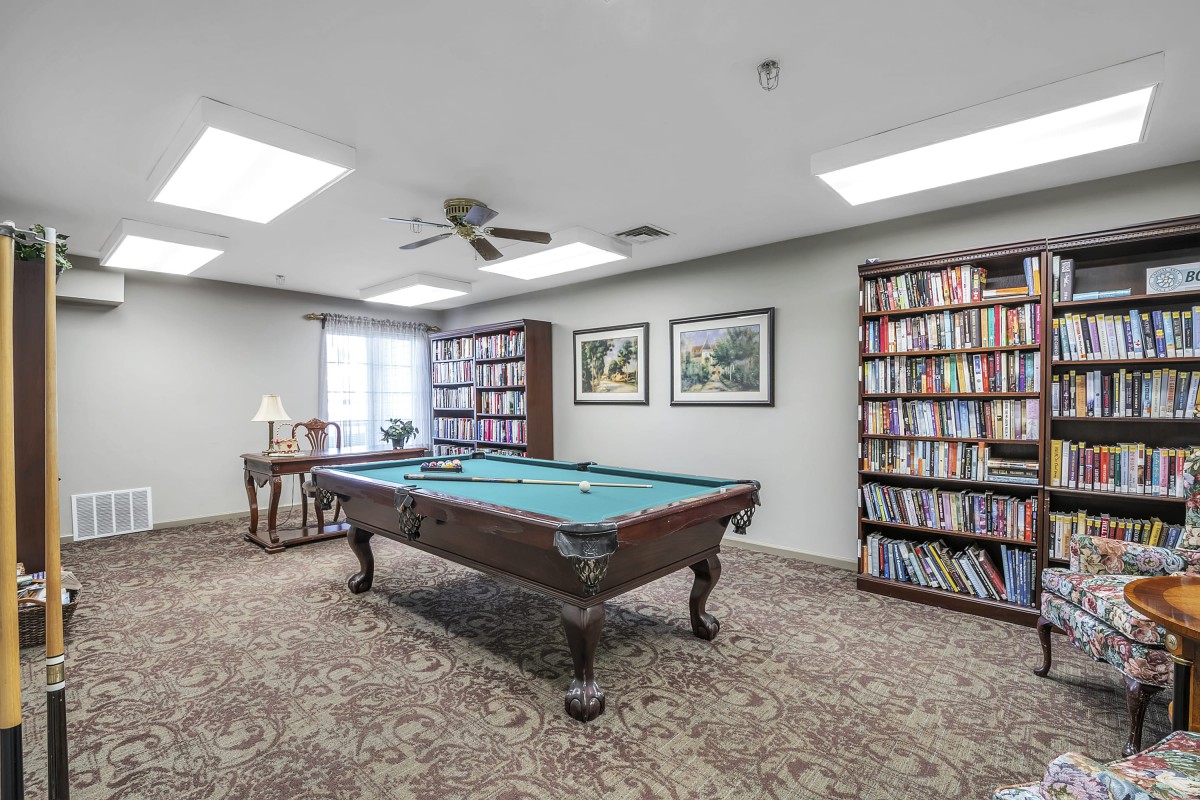 A cozy room with a pool table surrounded by bookshelves and a carpeted floor, ideal for both reading and recreation.