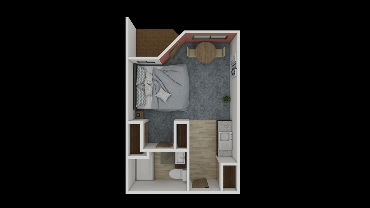 A compact studio apartment floor plan with a bed, bathroom, and kitchenette.