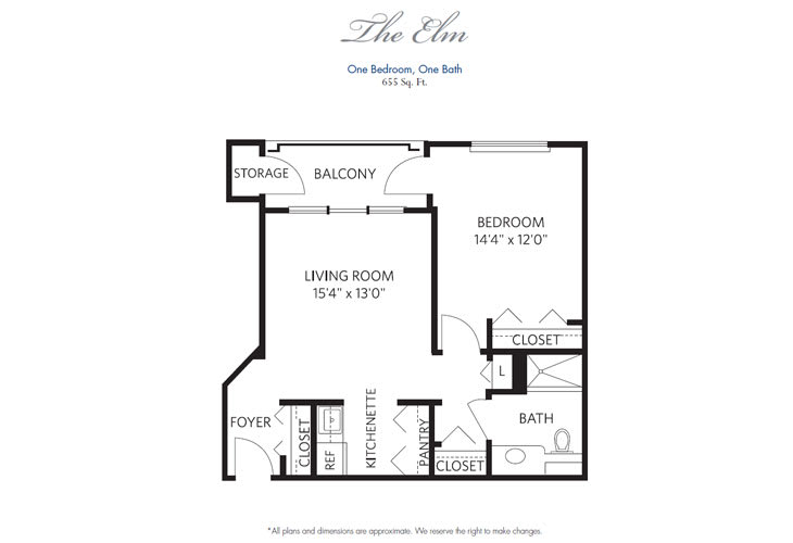 A one-bedroom apartment floor plan featuring a living room, kitchen, bedroom with closet, bathroom, and balcony.