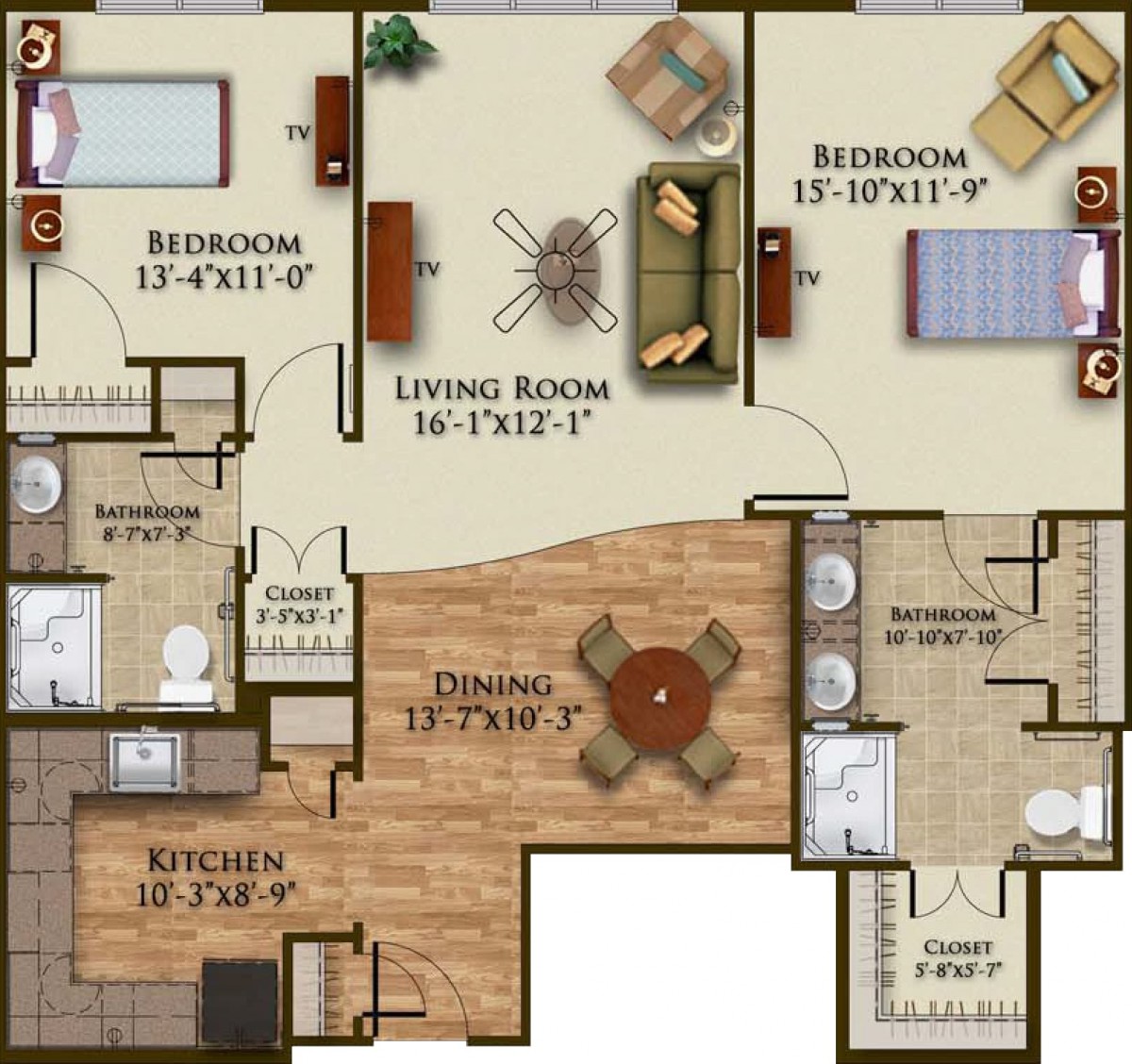 A detailed floor plan of a three-bedroom apartment with two bathrooms, a living room, kitchen, and dining area.