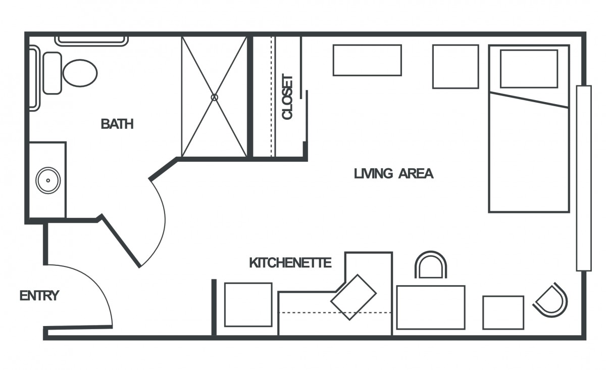 A simple floor plan layout showing a living area with a kitchenette and a closet.