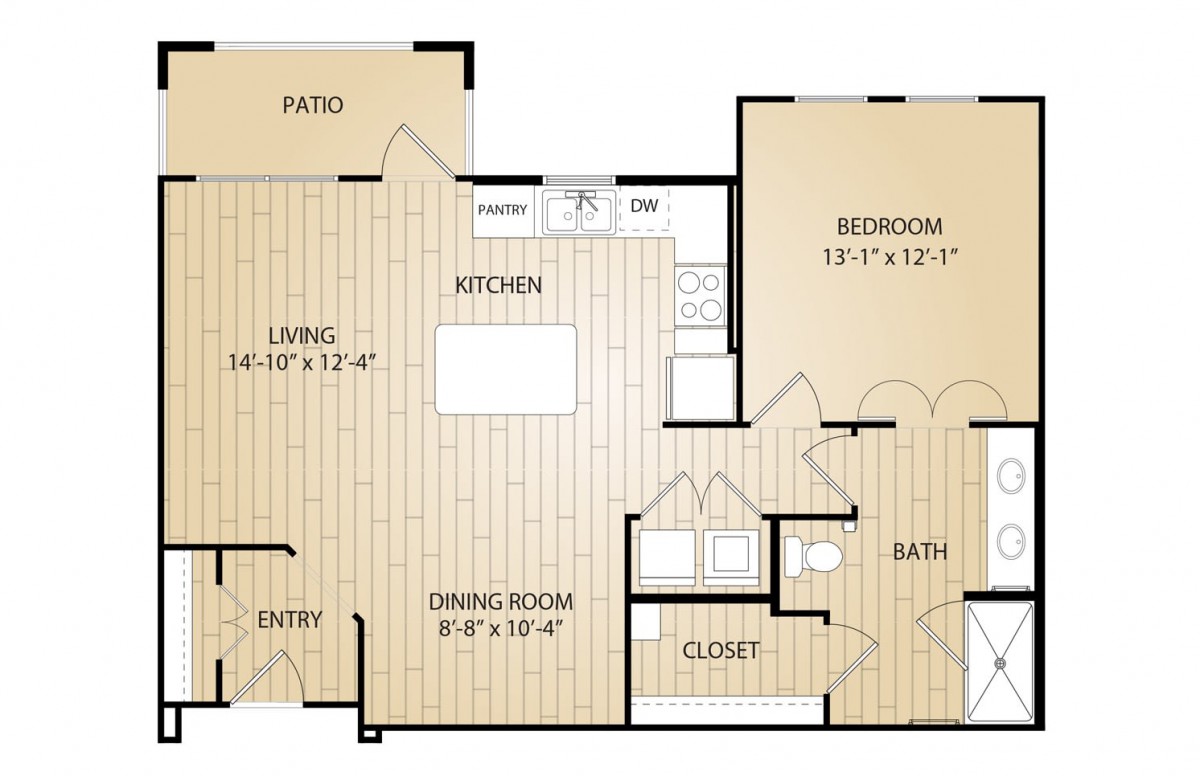 A detailed floor plan of a one-bedroom apartment featuring a kitchen, living room, dining room, bedroom, bathroom, and patio.