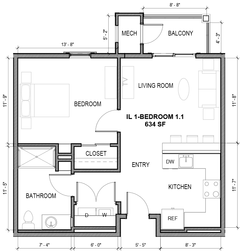 A detailed floor plan of a residential space showing the arrangement of rooms and furniture.