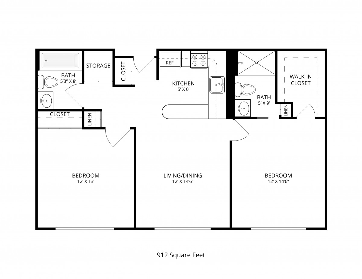 A detailed floor plan showing the layout of a two-bedroom apartment with living room, kitchen, and bathrooms.