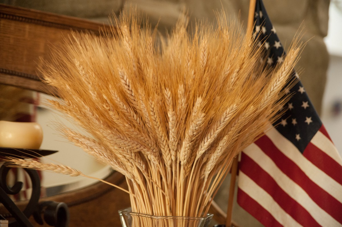 A bundle of wheat with a flag in the background, symbolizing harvest and agriculture.