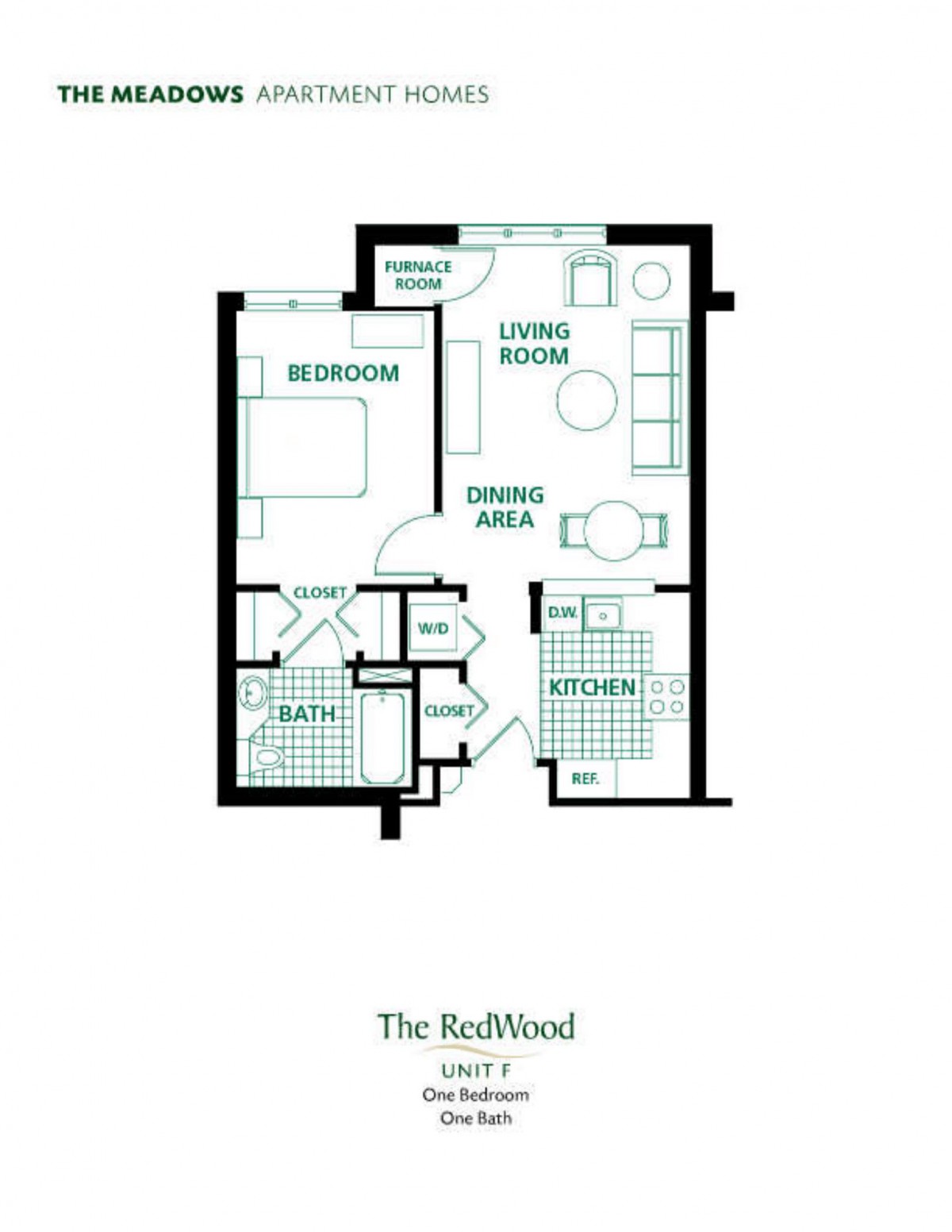 A detailed floor plan of a one-bedroom apartment labeled 'The Redmond'.